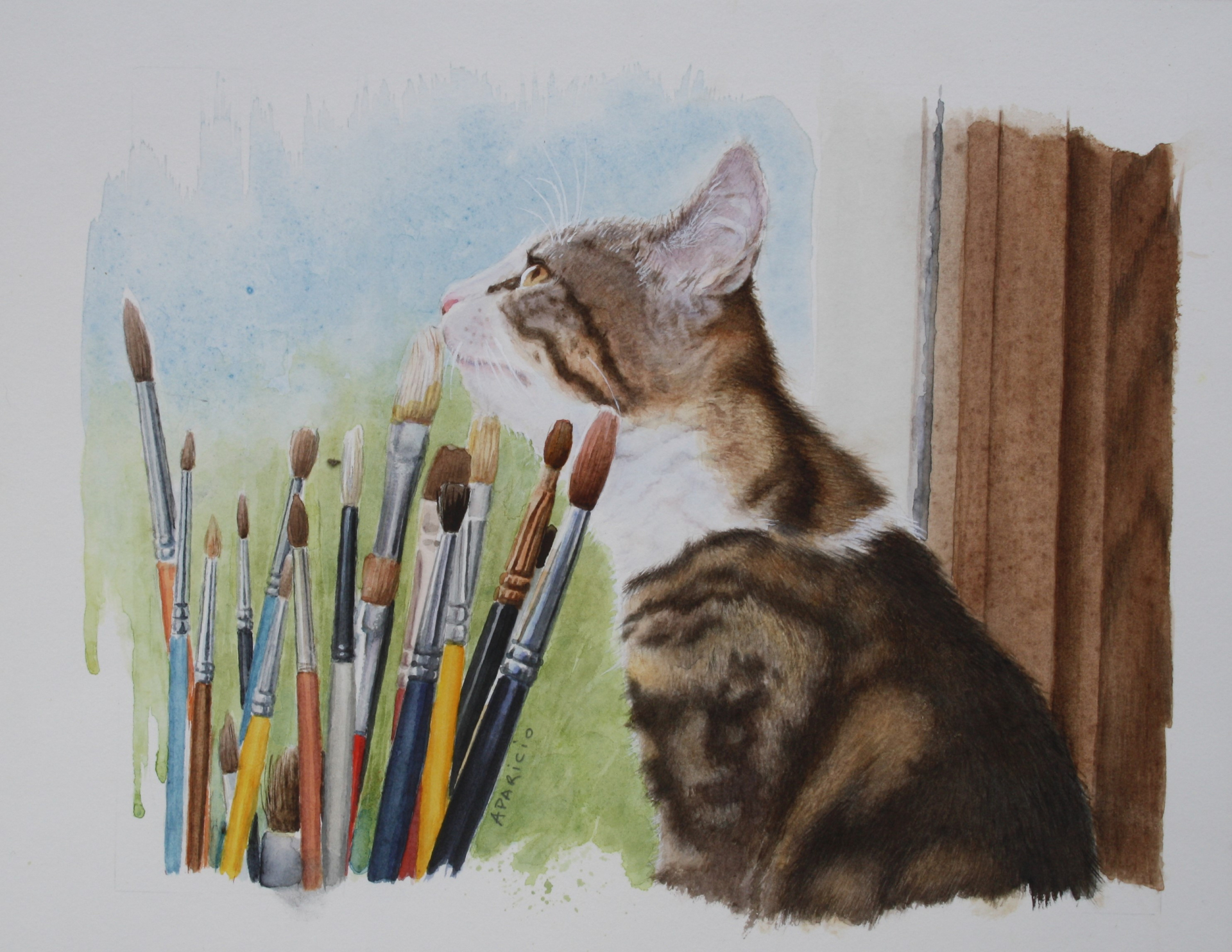 Chat aux pinceaux