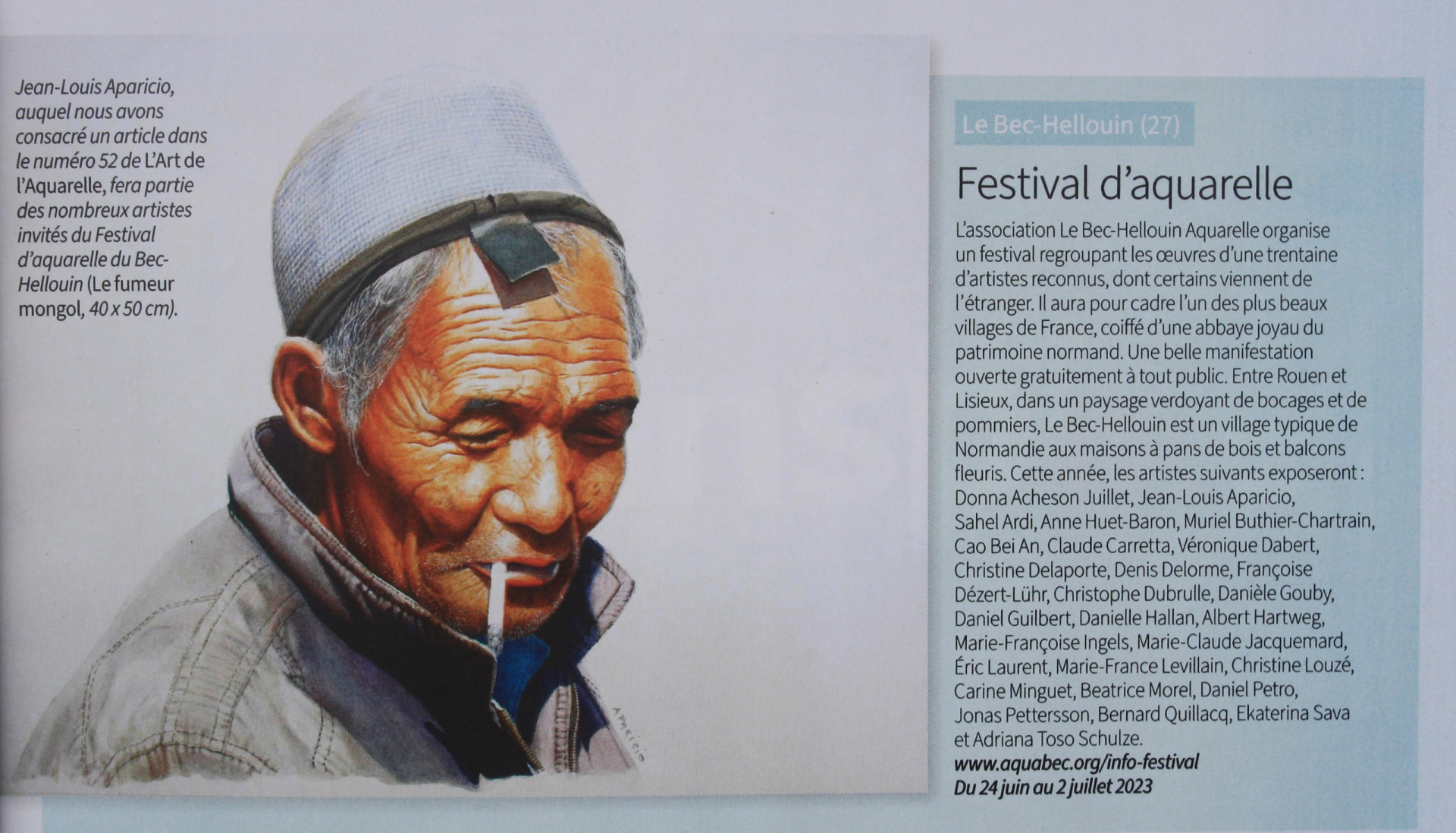 Article « Festival d’aquarelle » annonçant le festival du Bec-Hellouin de 2023, illustré par un portrait à l’aquarelle de Jean-Louis Aparicio.